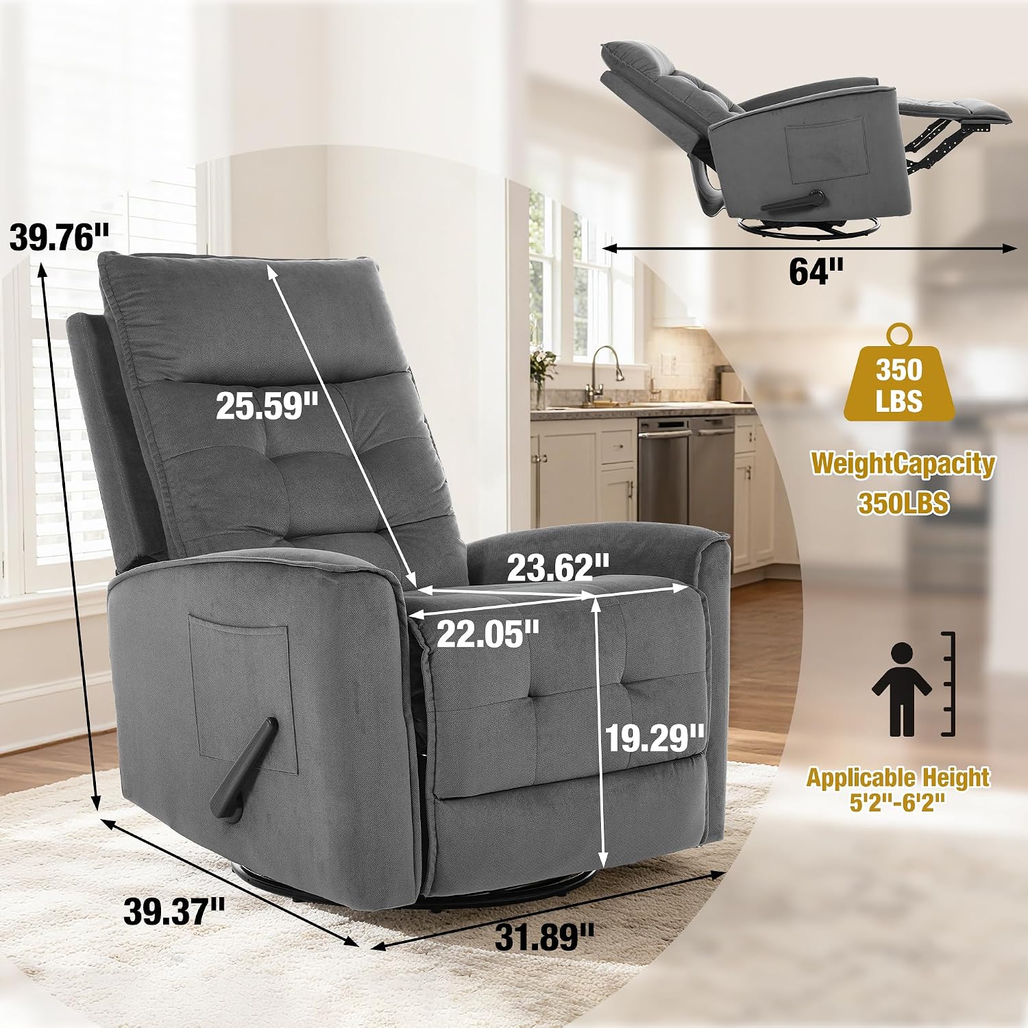 Swivel Rocker Recliner Chair, Rocking Chair, Small Swivel Recliner for Small Spaces, Living Room, RV(Dark Grey)