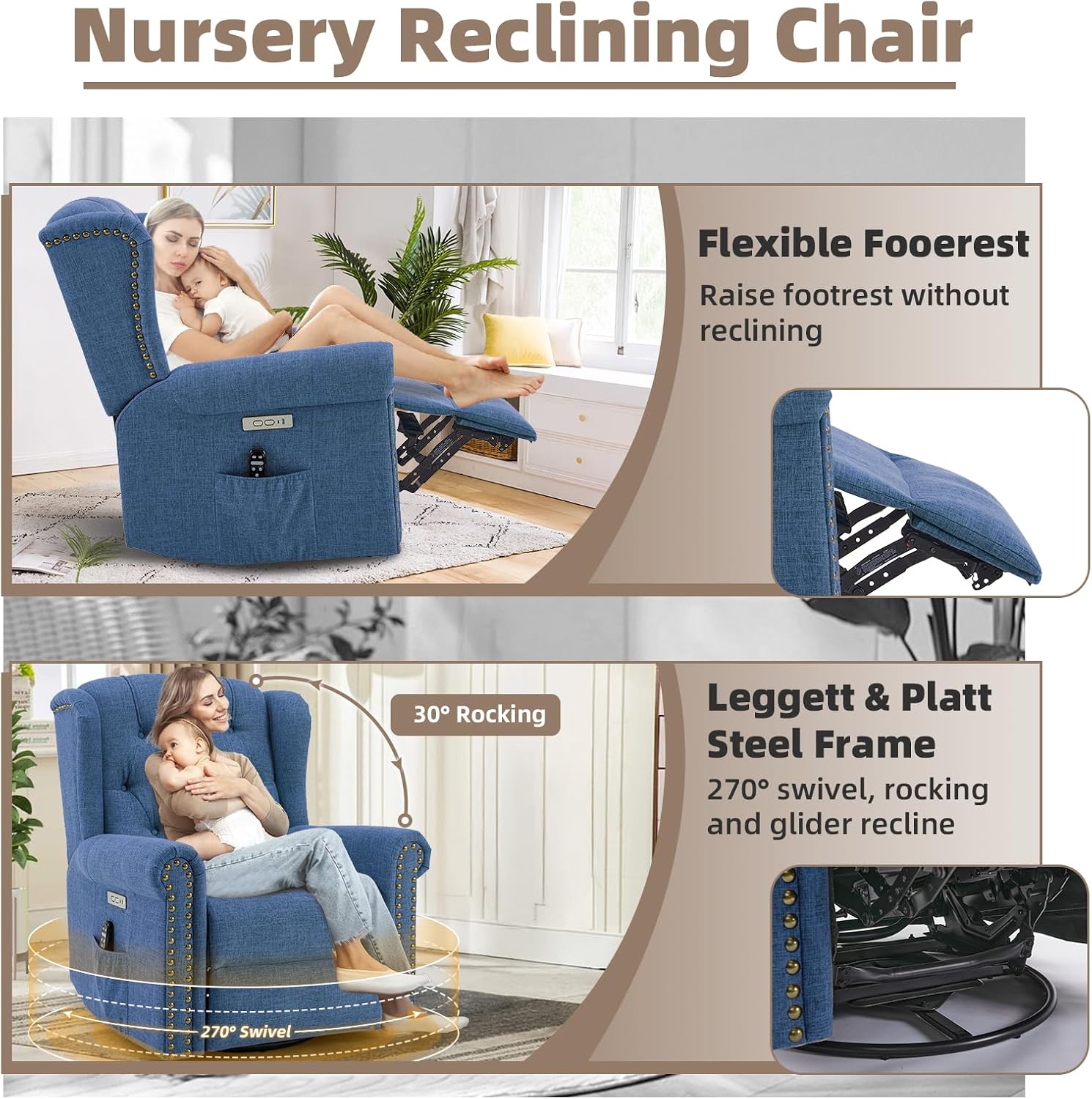Power Swivel Rocking Glider Recliner Chair with Massage and Heat, Electric Nursery Glider Rocker for Living Room, Wingback Tufted Upholstered Recliner Chair with Type-C & USB Ports, Blue