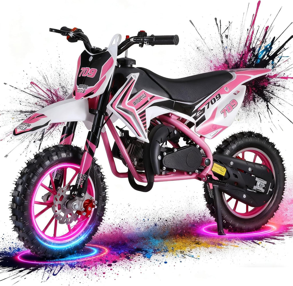 50cc Kids Dirt Bike 2-Stroke, Gas Power Motorcycle Off Road Motocross Gas Dirt Bike with Front Rear Disc Brakes for Beginner Motocross Bikes for Kids 8-12 (Max 30KM/H 150KG Load) Pink