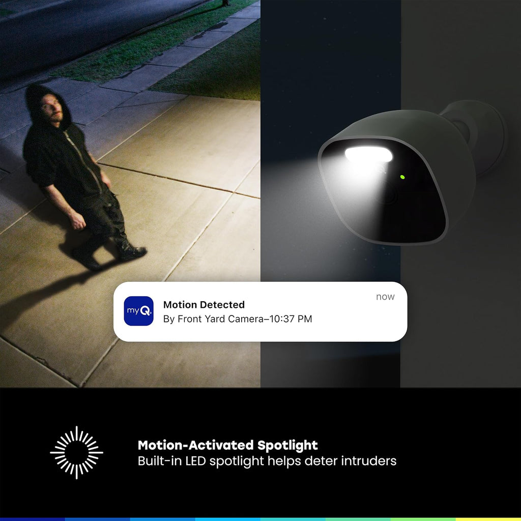 Chamberlain myQ Outdoor Battery Camera | 2K Camera, Color Night Vision, Spotlight, Motion Alerts, Live View with Two-Way Talk, Wireless, Weather-Resistant, Outdoor, White, 2 Pack