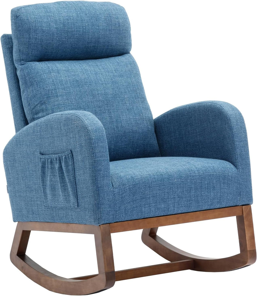 Modern Rocking Chair with Breathable Yellow Linen & Solid Wood Legs - Recliner Glider Armchair Featuring Side Pocket, High Back Support for Nursery, Living Room, Bedroom (Blue)