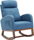 Modern Rocking Chair with Breathable Yellow Linen & Solid Wood Legs - Recliner Glider Armchair Featuring Side Pocket, High Back Support for Nursery, Living Room, Bedroom (Blue)