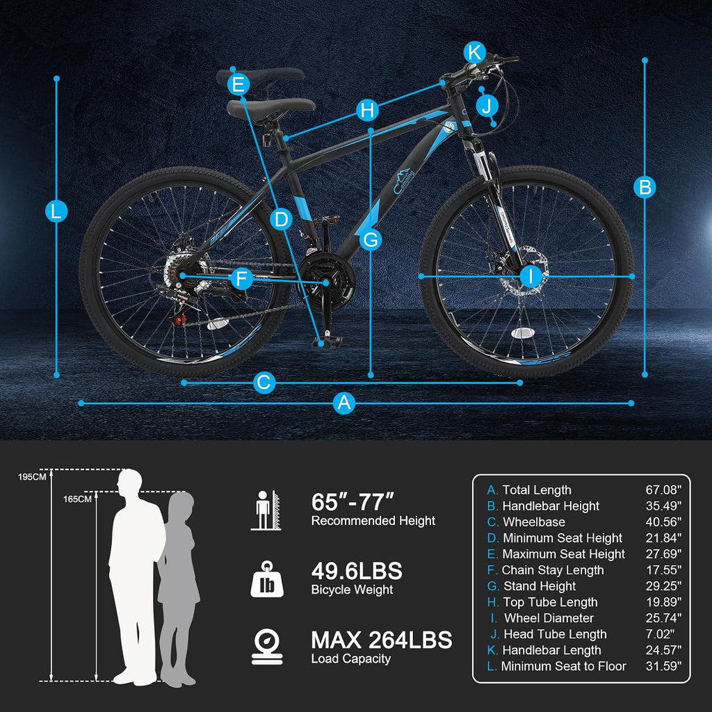 CamPingSurvivals 26/27.5' Mountain Bike 21 Speed Bikes for Adults, Men & Women Mountain Bike with High Carbon Steel Frame, All-Terrain Tires, Double Disc Brake and Suspension Fork