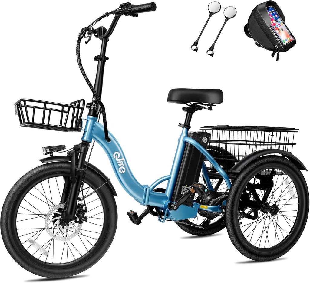 Qlife Triker Electric Bike, Peak 750W Brushless Motor Folding Trike Ebike, 468Wh Removable Battery, Step-Thru 3 Wheel Electric Bicycle, Up to 50 Miles, 20 Tire Tricycle for Adults,U1