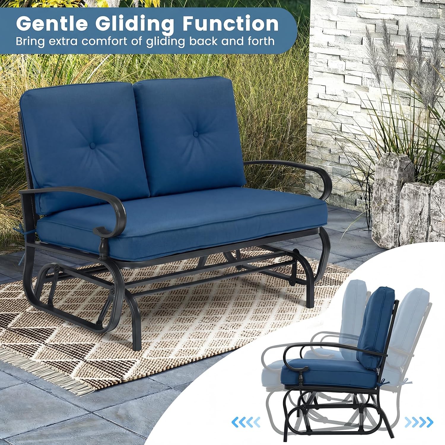 Tangkula Outdoor Swing Glider Chair, Patio Glider Bench for 2 Persons, Outdoor Rocking Loveseat with Steel Frame & Comfortable Cushions for Garden, Porch, Balcony, Poolside (Navy Blue)