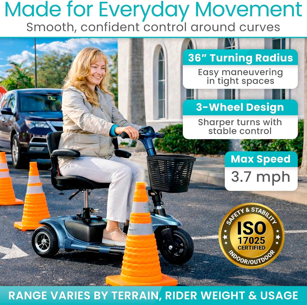 Vive 3 Wheel Mobility Scooter - Electric Powered Mobile Wheelchair Device for Adults - Folding, Collapsible and Compact for Travel - Long Range Power Extended Battery with Charger and Basket Included