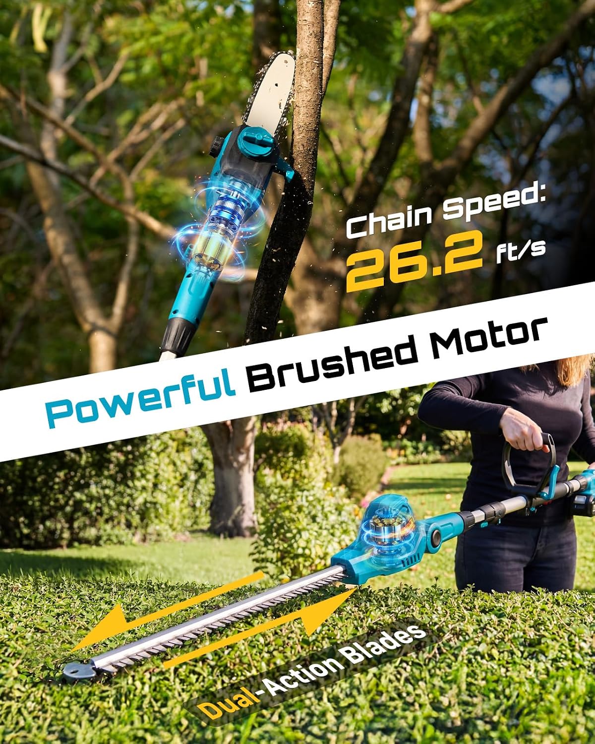 SEESII 2-in-1 Cordless Pole Saw & Hedge Trimmer Combo, 8' Electric Pole Chainsaw with 2×4.0 Ah Batteries, 16-Inch Extension Pole Hedge Trimmer, Bush Tree Pruner Limb Branch Cutter, 15ft Long Reach