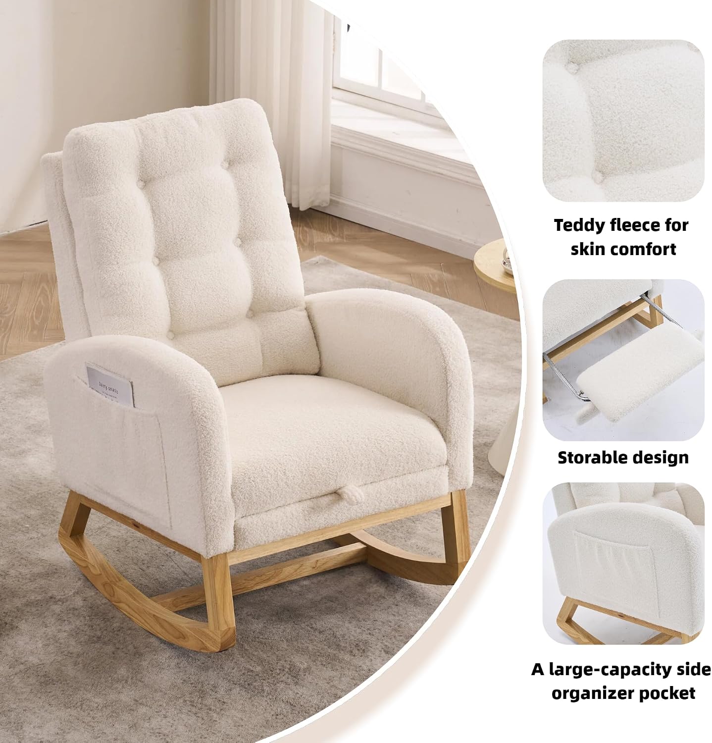 Accent Rocking Chair with Curved Back & Pillow, Teddy Velvet Upholstered Rocker with Rubberwood Base, Cozy Nursery Chair for Living Room & Bedroom, Cream White