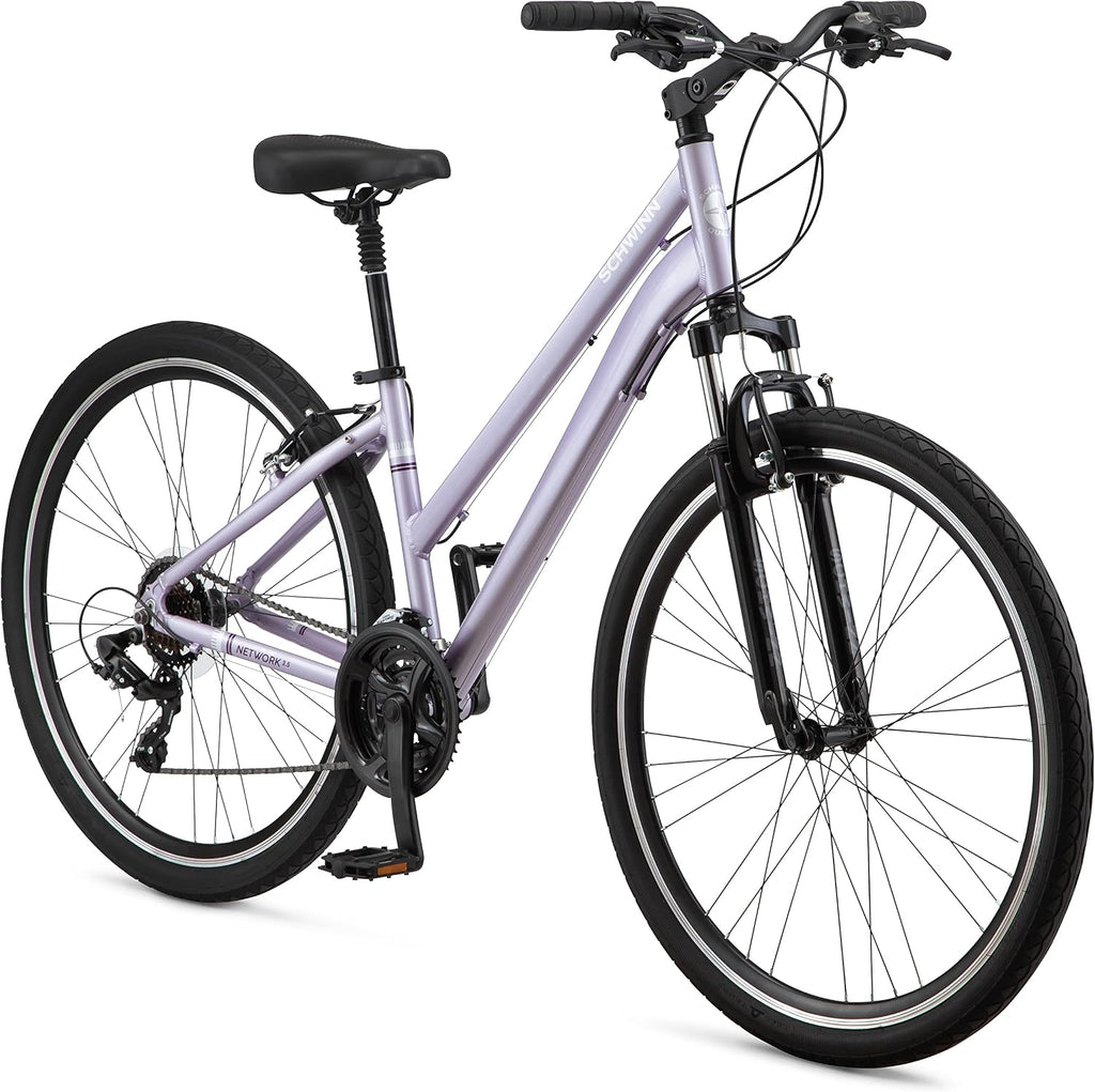 Schwinn Network 3.5 Hybrid Bike, Mens and Womens Bike, 21-Speed Hybrid Bicycle, Aluminum Frame, Suspension Seat, Alloy Linear Pull Brakes, Adult Bicycle