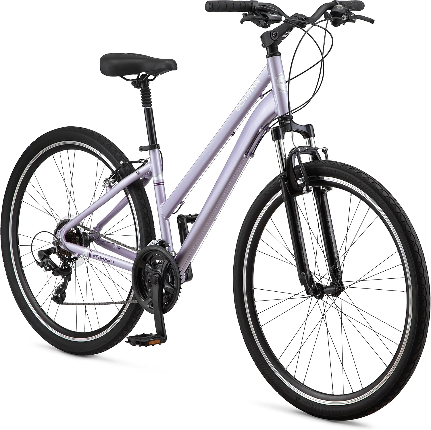 Schwinn Network 3.5 Hybrid Bike, Mens and Womens Bike, 21-Speed Hybrid Bicycle, Aluminum Frame, Suspension Seat, Alloy Linear Pull Brakes, Adult Bicycle