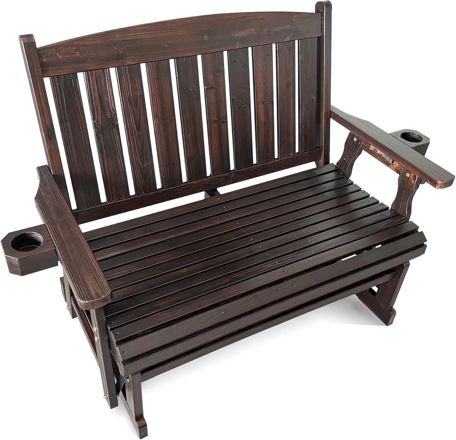 Fortune Candy Wooden Patio Glider for One Person, with High Back and Deep Contoured Seat, Solid Fir Wood, Heavy Duty 600 LBS (Deep Brown, 2-Seater)