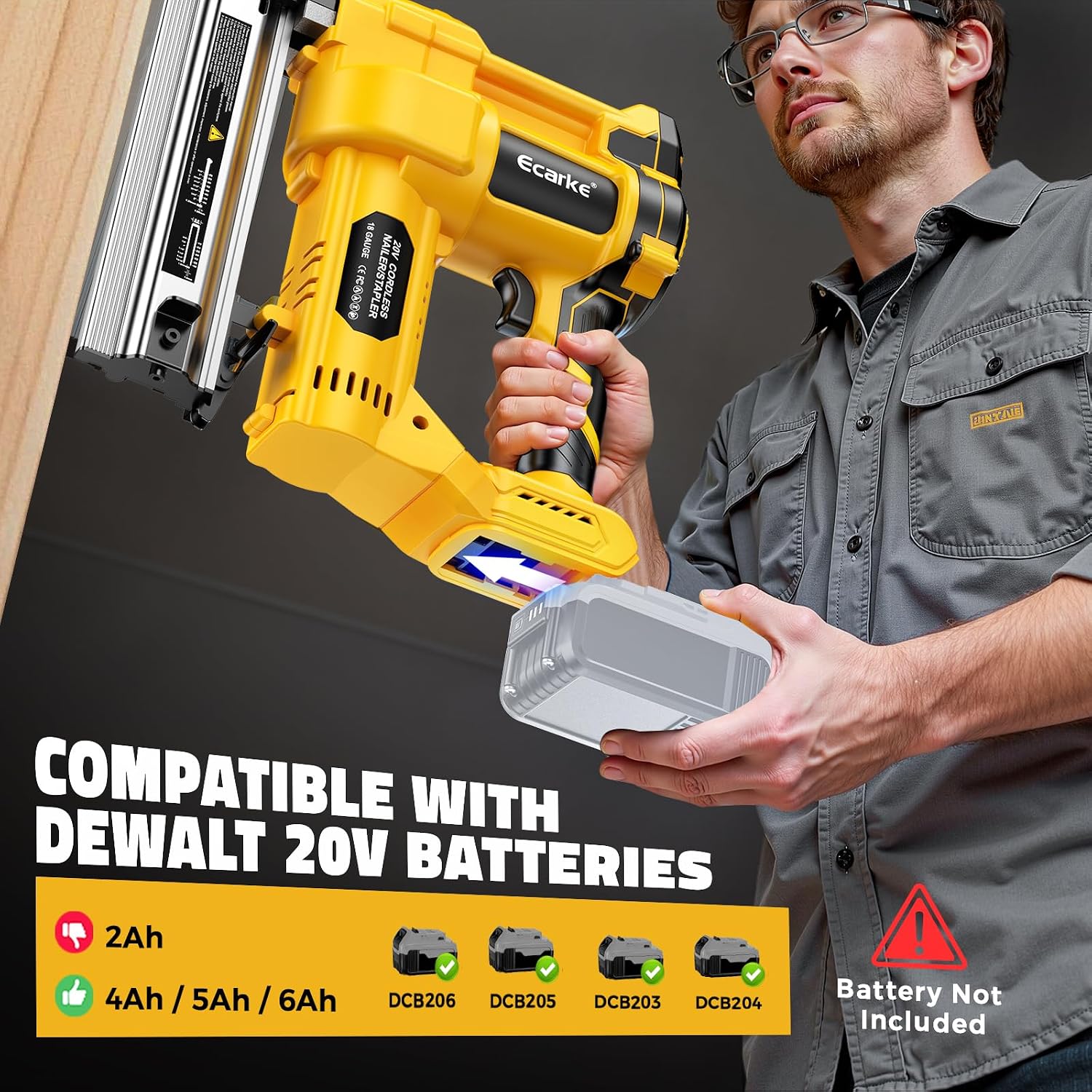 Ecarke Cordless 2' Brad Nailer Compatible with DeWalt 20V Battery(No Battery), 2 in 1 Electric Nail Gun Staple Gun with 18GA Nails, Power Nail Gun for Trim Wood Crafting Home Carpentry, 7.2LBS