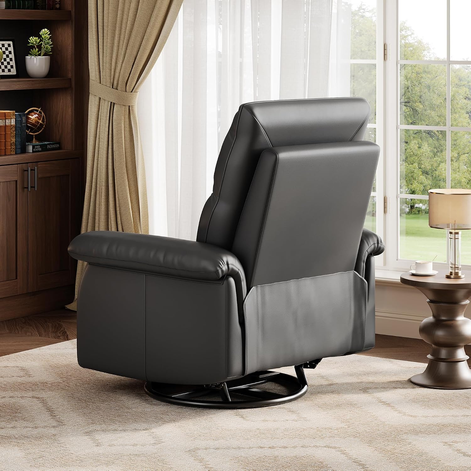 IDEALHOUSE Manual Recliner Chair, 360° Swivel Rocker Glider Recliner with Padded Armrests, Modern PU Leather Upholstered Reclining Chair for Living Room Bedroom and Nursery (Dark Black)