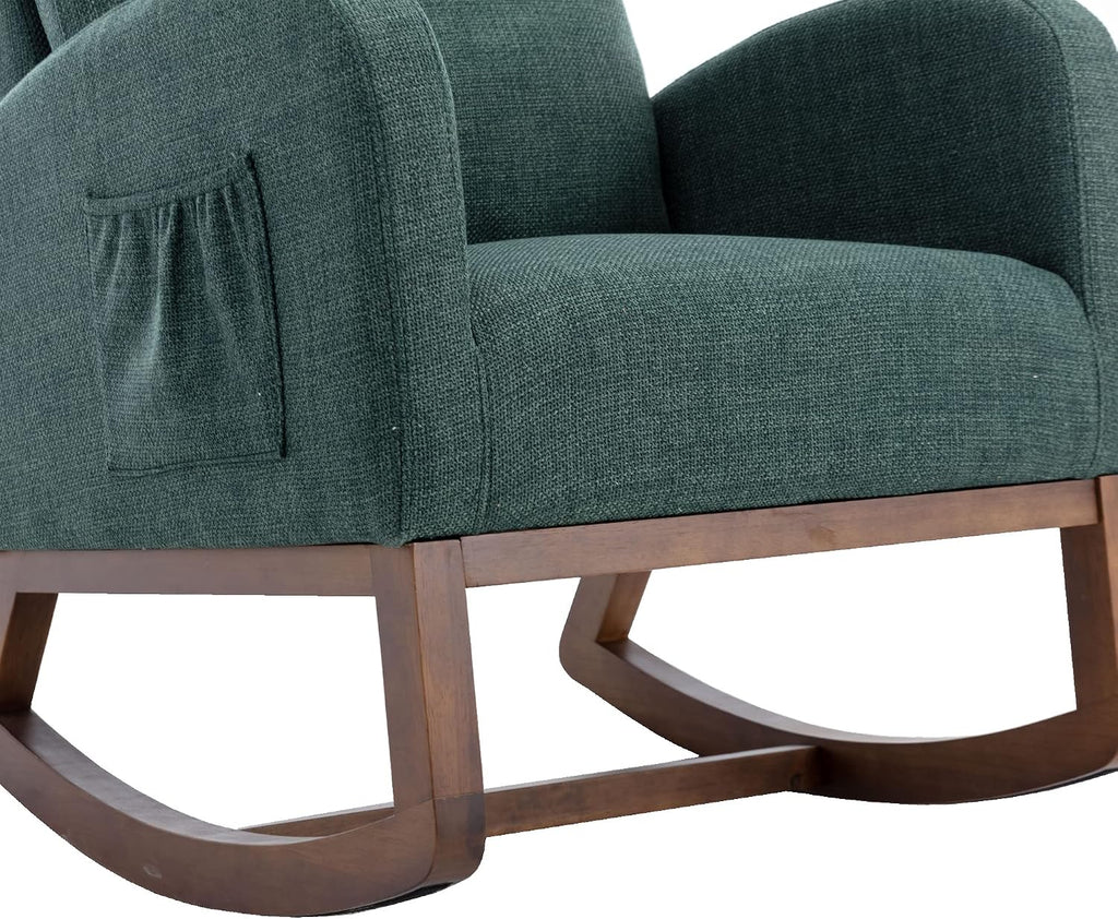 Modern Rocking Chair with Breathable Yellow Linen & Solid Wood Legs - Recliner Glider Armchair Featuring Side Pocket, High Back Support for Nursery, Living Room, Bedroom (Emerald)