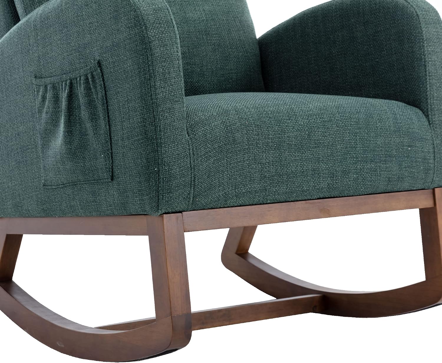 Modern Rocking Chair with Breathable Yellow Linen & Solid Wood Legs - Recliner Glider Armchair Featuring Side Pocket, High Back Support for Nursery, Living Room, Bedroom (Emerald)