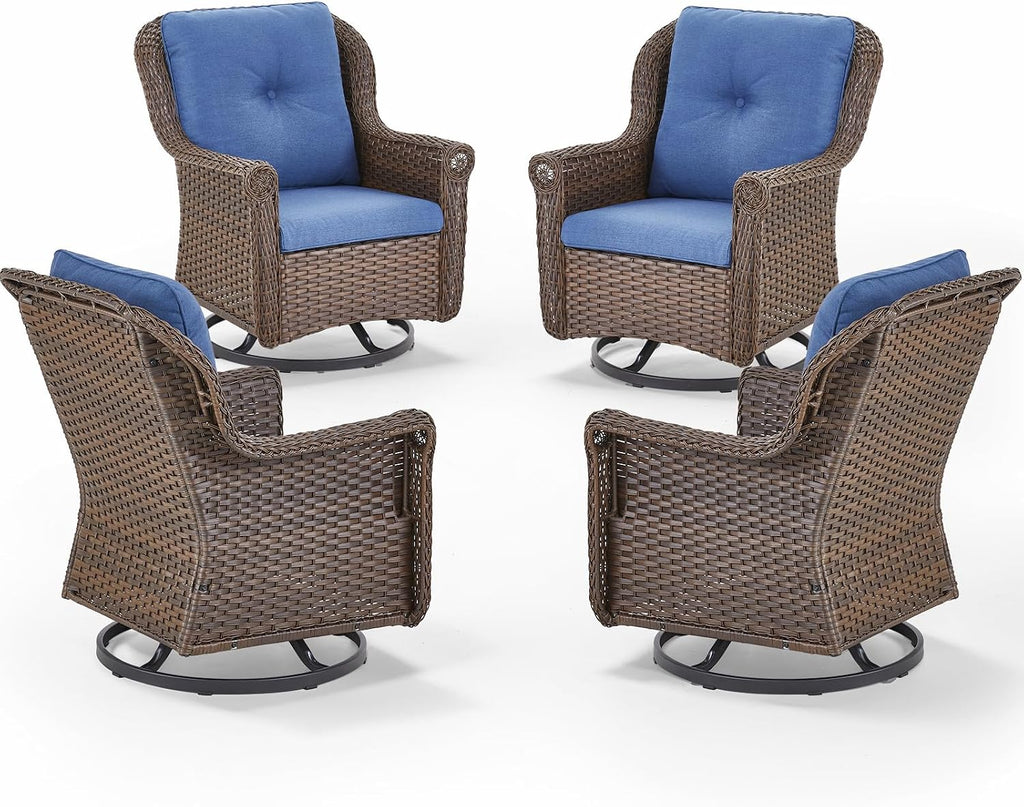 Patio Chairs Outdoor Swivel Glider - Set of 4 High Back Outside Brown Wicker Rattan Rocking Chair with Thick Cushion for Porch Apartment Deck Yard Poolside Garden - Navy Blue