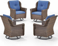 Patio Chairs Outdoor Swivel Glider - Set of 4 High Back Outside Brown Wicker Rattan Rocking Chair with Thick Cushion for Porch Apartment Deck Yard Poolside Garden - Navy Blue