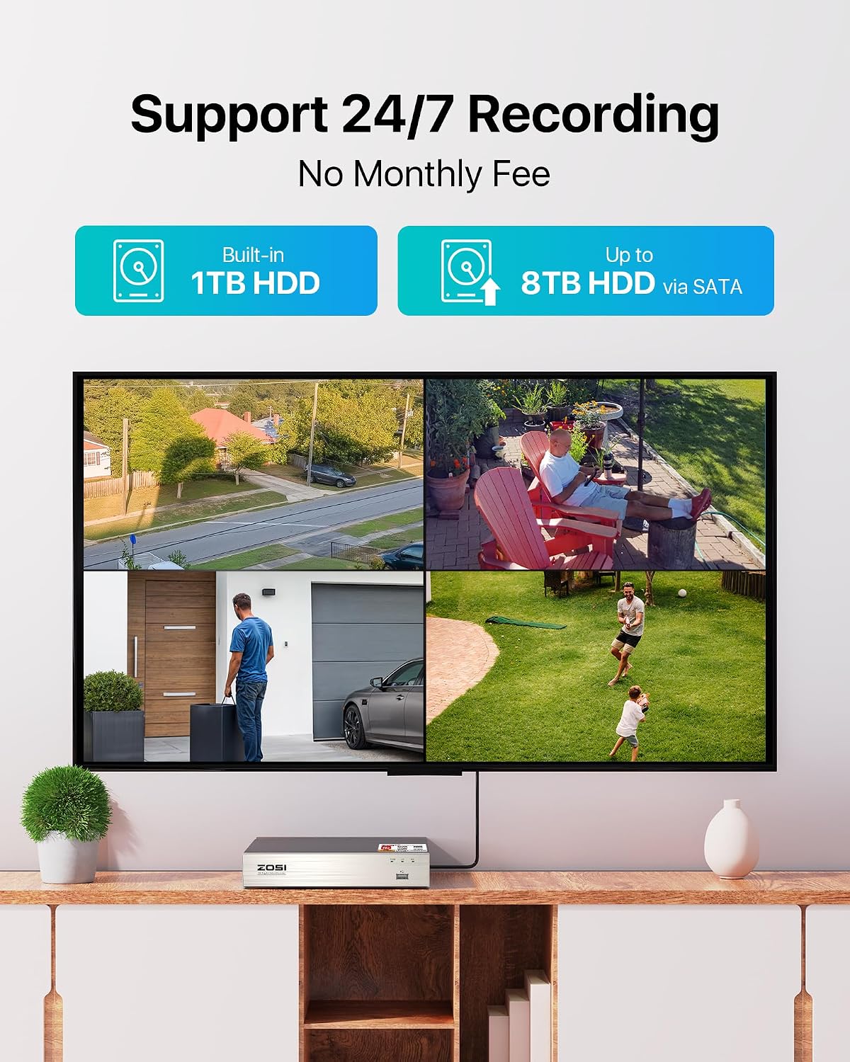 ZOSI 8CH Home Security Camera System Outdoor Indoor,H.265+ 8Channel 1080P DVR with 1TB HDD,8pcs Weatherproof Surveillance CCTV Dome Cameras,Night Vision,Motion Detection,for 24/7 Recording