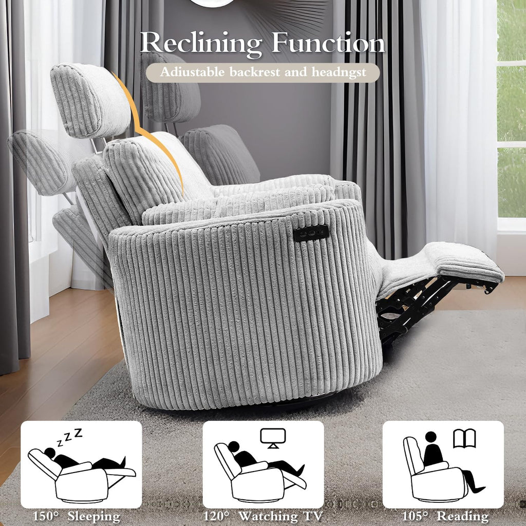 Zenosyne Power Swivel Recliner Rocking Chair Nursery Glider Rocker with Headrest, USB and Type-c Port, Corduroy Electric Reclining Sofa Chair Arm Chair for Living Room (Dark Gray)