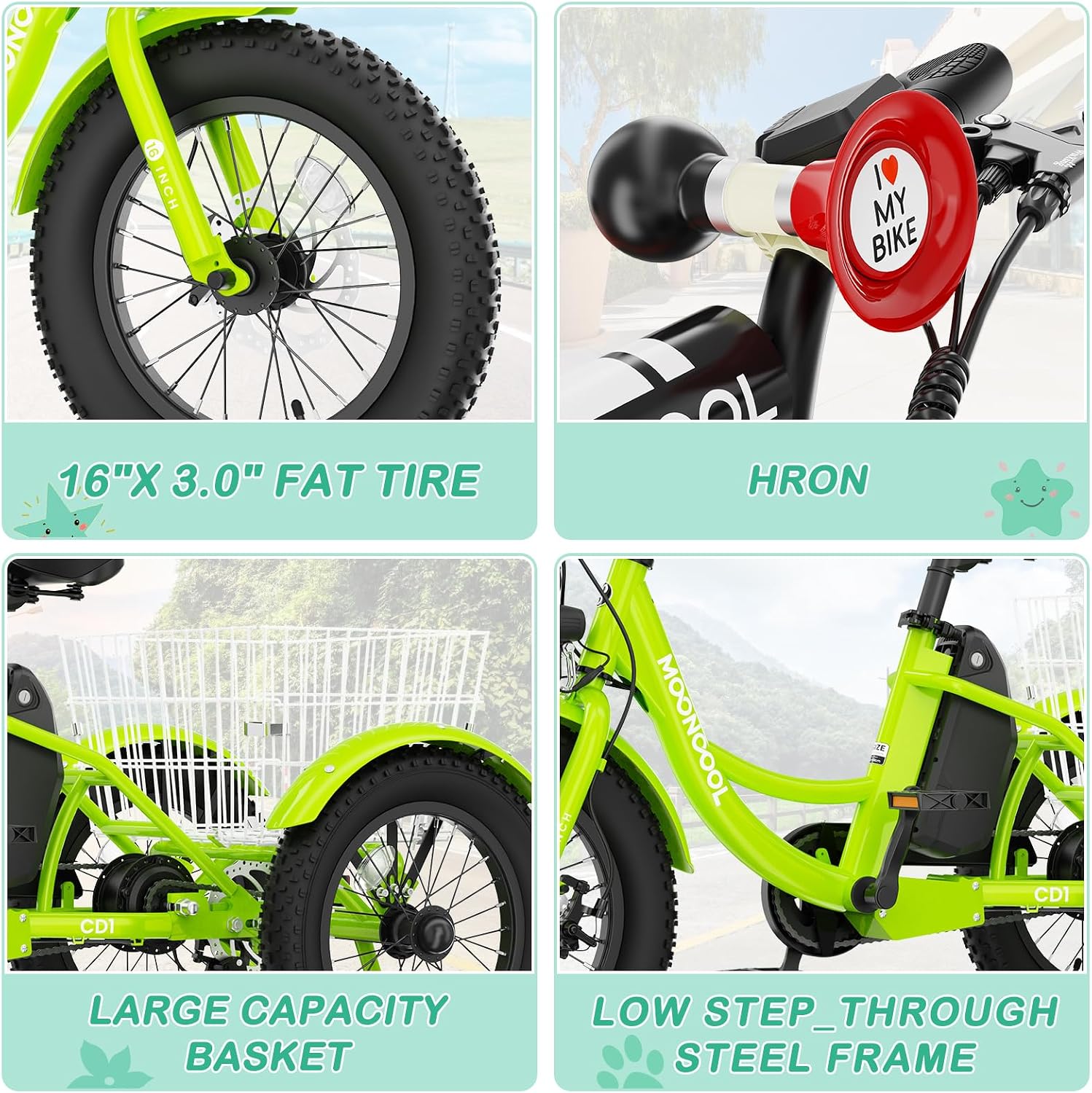 LILYPELLE Electric Tricycle for Youth, 250W Aluminum Frame Electric Tricycle Etrike, 16IN 3 Wheels Electric Bicycle Bikes, 3.0 Fat Tire Electric Trike with Removable Battery and Rear Basket