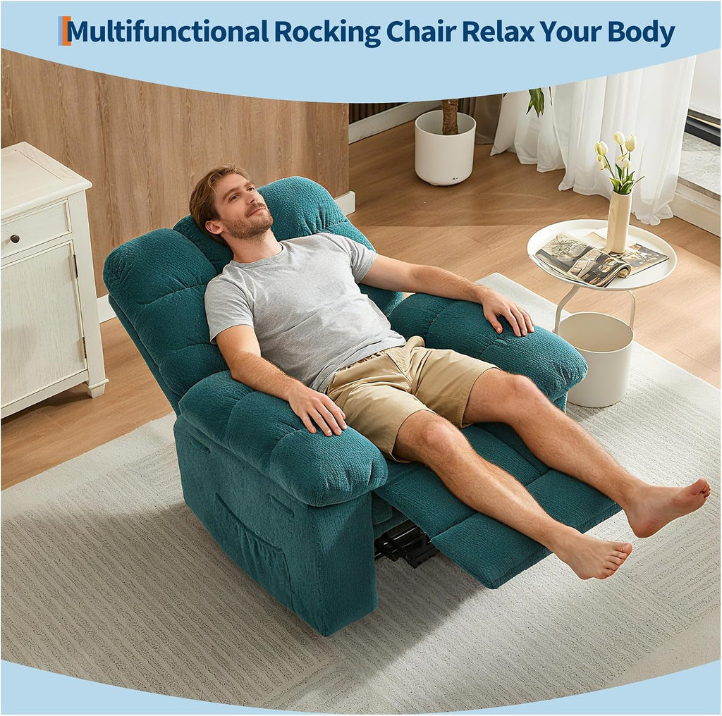 Oversized Swivel Rocker Recliner Chair for Adults, Ergonomic 360° Nursery Swivel Rock Recliner,Extra Wide Manual Recliner with Upholstery Overstuffed Soft Rocking Sofa Chair for Ultimate Comfort,Blue