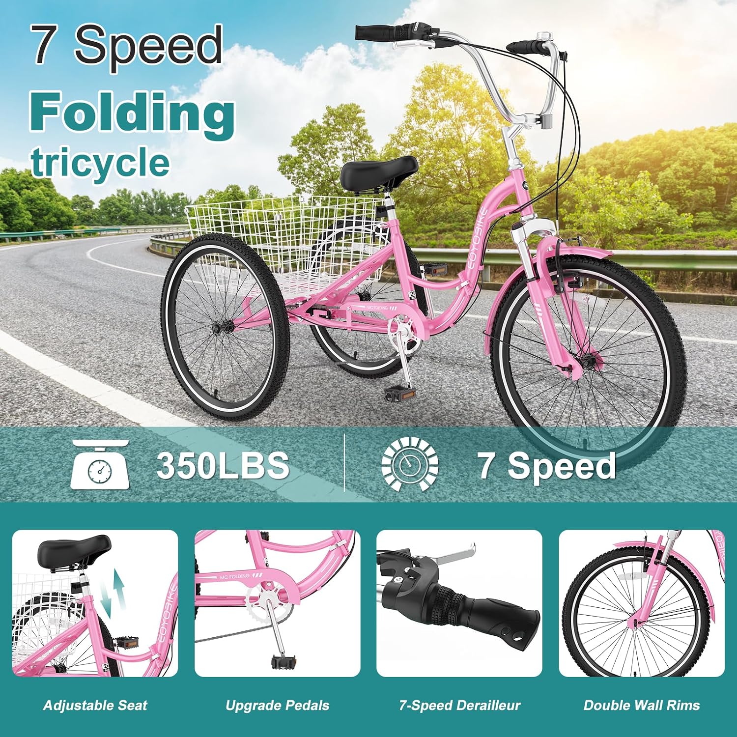 MOPHOTO Adult Folding Tricycle, 7-Speed 3 Wheel Bike for Adults, Seniors, Women & Men, 20/24/26 Inch Low Step-Through Trike with Large Rear Cargo Basket, Adjustable Seat, Space-Saving Cruiser Bicycle