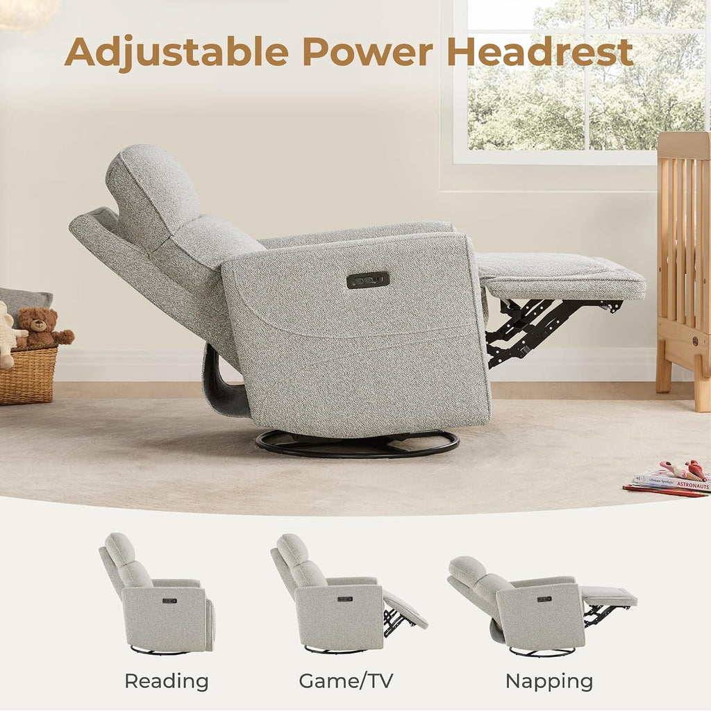 CHITA Power Recliner Chair Swivel Glider with Adjustable Power Headrest, FSC Certified Electronic Modern Nursery Rocking Chair with USB and Type-C Ports, Light Grey