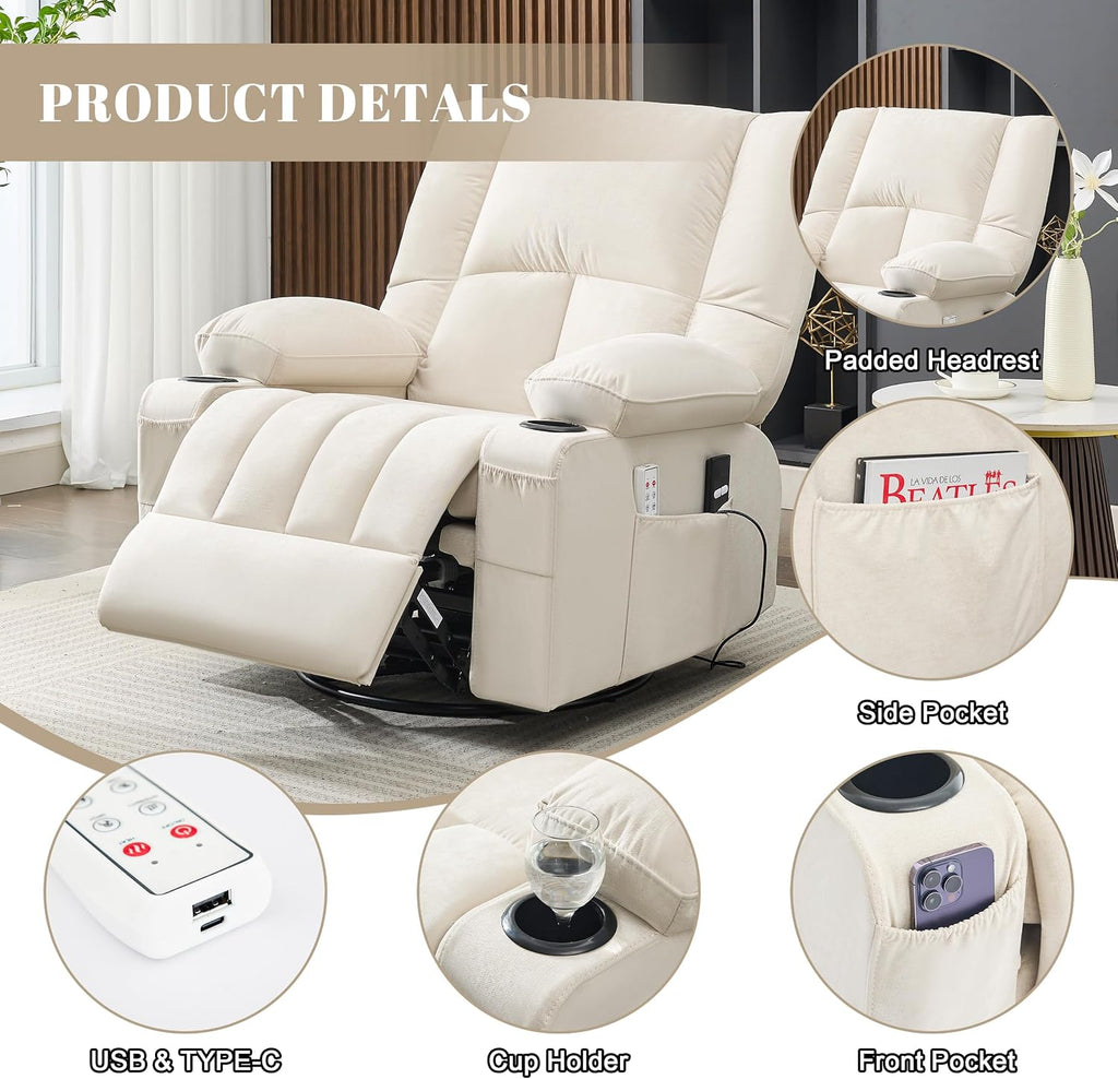 Oversized Recliner Chairs for Adults, Swivel Rocker Recliner with Heat and Massage Lazy Boy Recliner, Recliner Chairs Single Sofa Seat with Cup Holders (Beige, Electric)