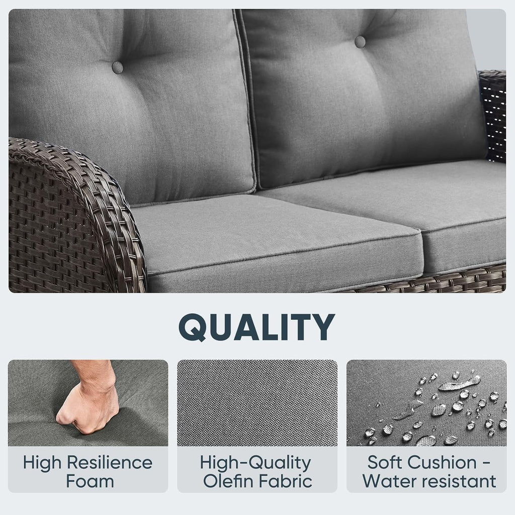 Belord 5 Piece Wicker Patio Furniture Set - Outdoor Conversation Sets with Deep Seating Swivel Rocker Chairs Loveseat and Rattan Coffee Table for Deck Backyard, Brown Wicker/Grey Cushion