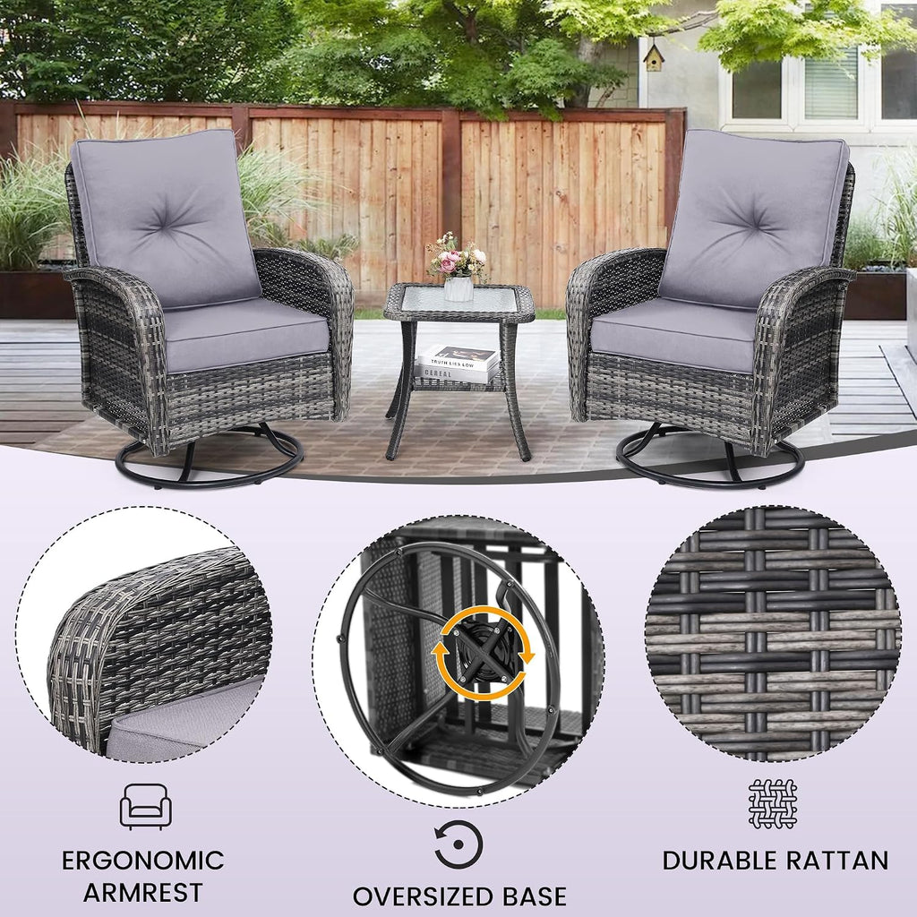 wildformers Luxury Outdoor Swivel Wicker Glider Patio Chairs with Table Set, Overstuffed Washable Cushions, Ideal for Porch, Balcony, Deck, Grey Rattan and Grey Cushion
