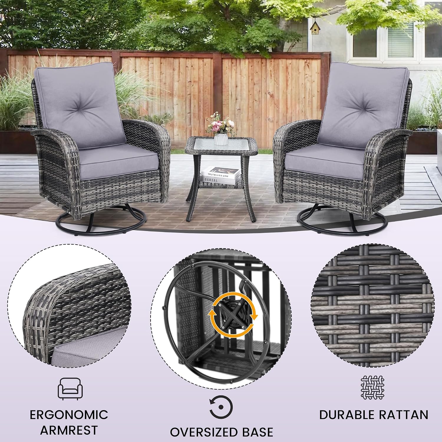 wildformers Luxury Outdoor Swivel Wicker Glider Patio Chairs with Table Set, Overstuffed Washable Cushions, Ideal for Porch, Balcony, Deck, Grey Rattan and Grey Cushion