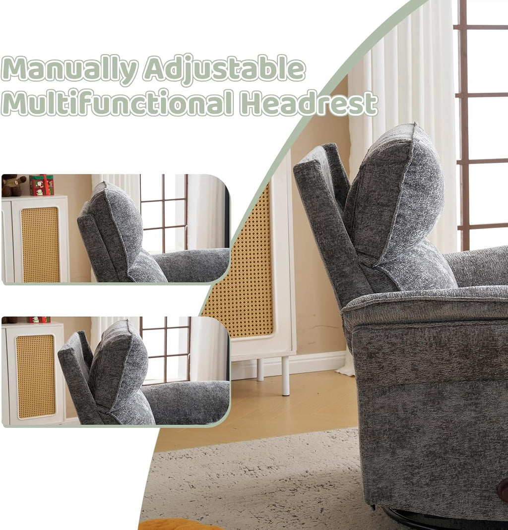 Oversized Swivel Rocker Recliner with Adjustable Headrest, Rocking Chair Nursery with Overstuffed Armrest, Manual Rocker Recliner Nursery Chair for Living Room, Dark Grey