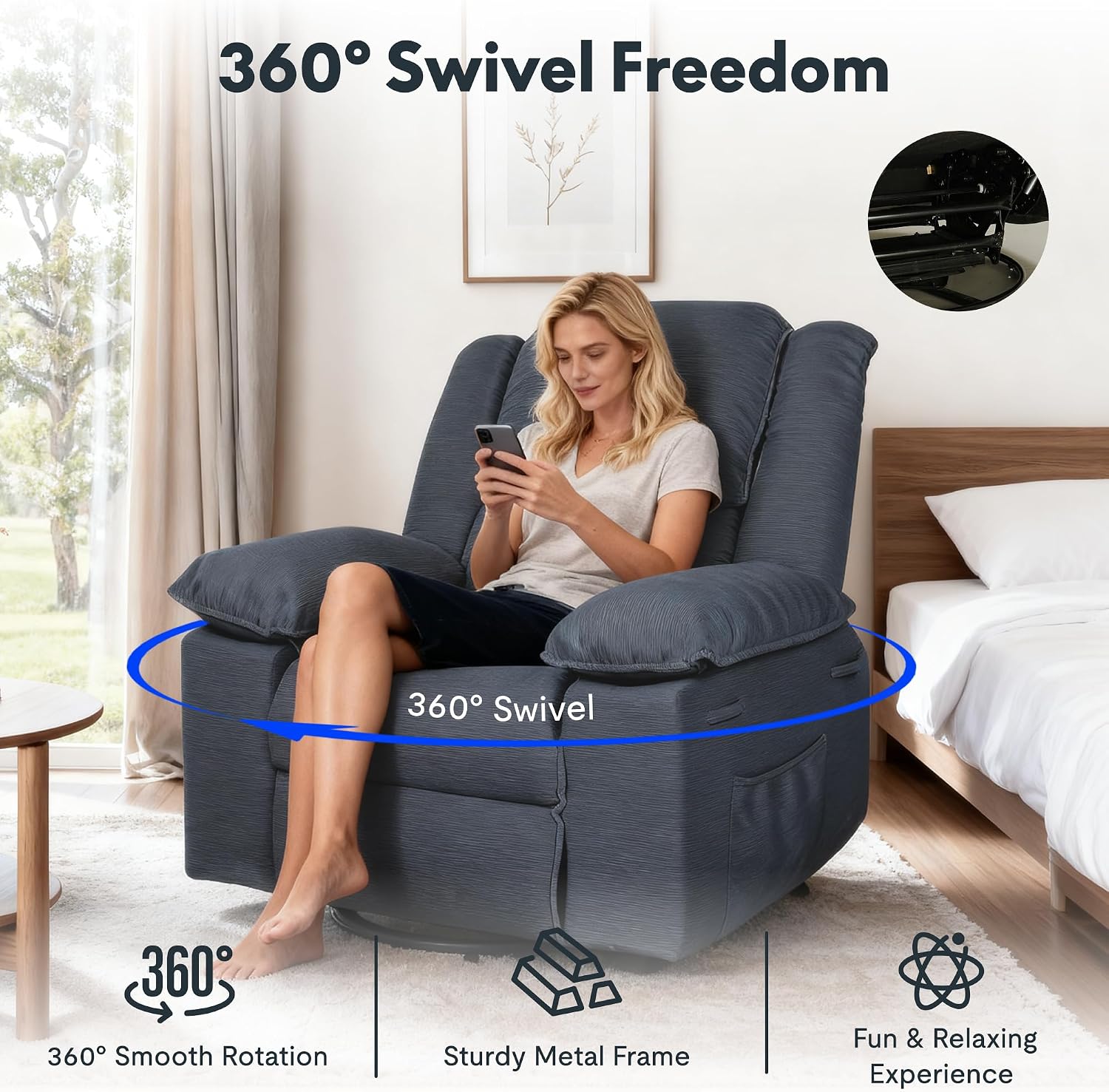 Softa Swivel Rocker Recliner Chair for Adults with Massage & Heat, 360° Swivel Manual Glider Recliner with Side Pocket, Compact Living Room Apartment Reclining Chair (Blue-Grey)
