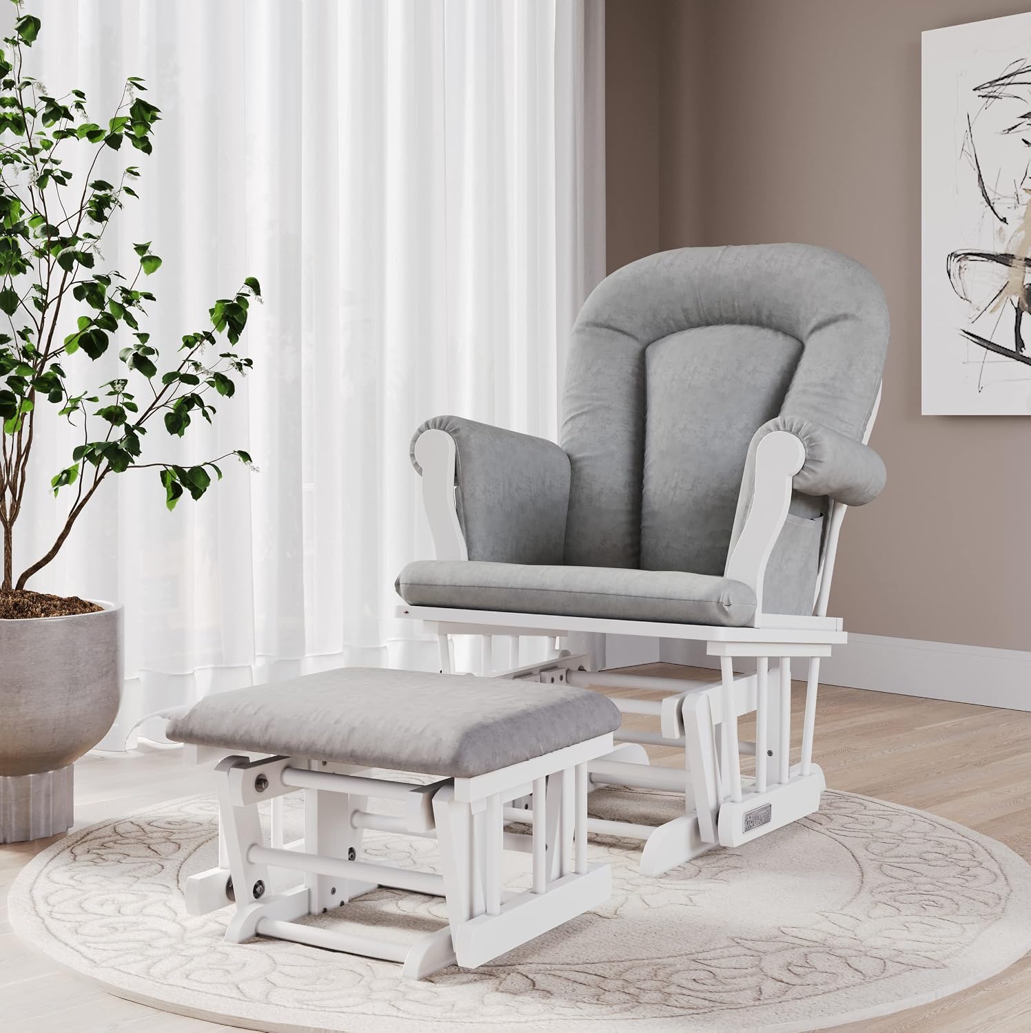 Child Craft Cozy Glider Rocker and Ottoman Set, Smooth Quiet Gliding Motion, Padded Cushion with Convenient Storage Pockets, Solid Wood Base & Frame (Matte White with Light Gray Cushion)