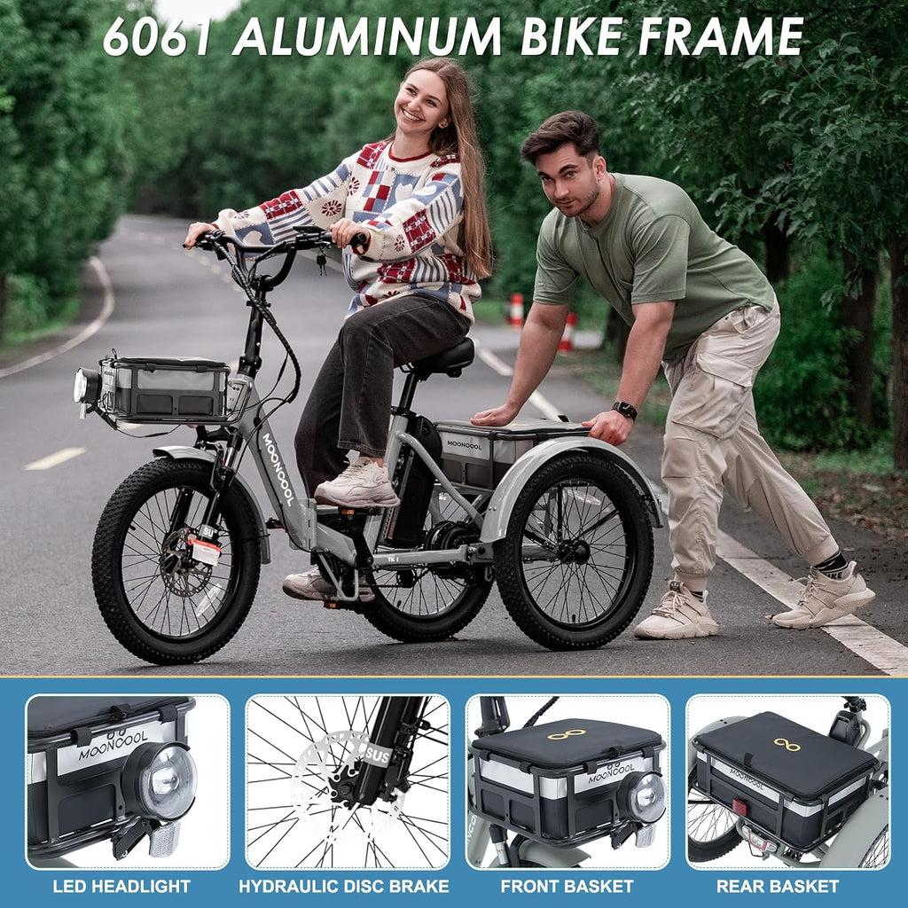 MOONCOOL Folding Electric Tricycle for Adults, 48V 500W 3 Wheels Electric Trike, Aluminum Frame Electric Tricycle Adult Bicycle with Removable Battery, Storage Bags Included