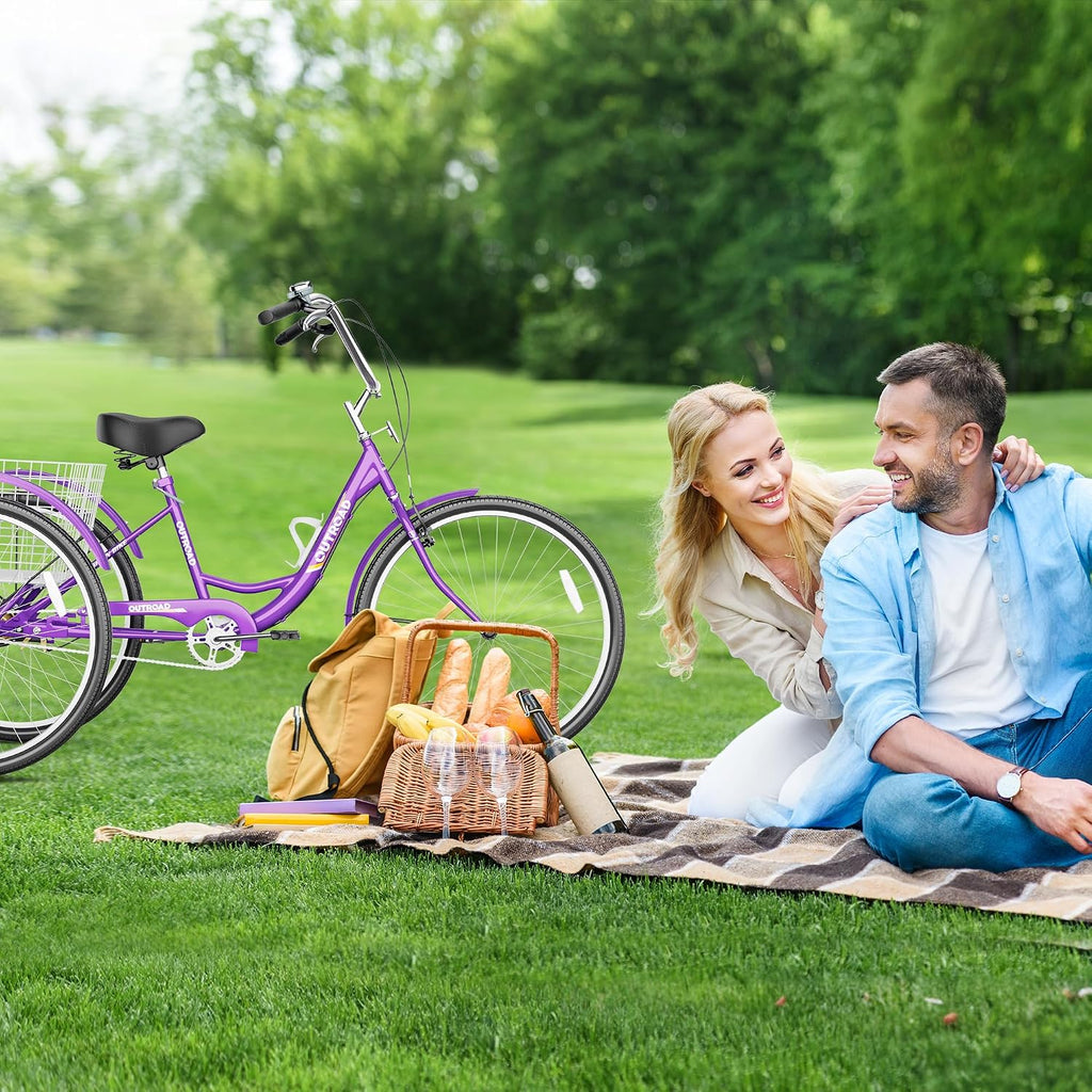 Max4out Adult Tricycle with Large Basket 24/26 Inch, Stable 3 Wheel Cruise Bicycle for Shopping, Beach and City Trike Perfect for Men, Women, Seniors（Blue/Purple/Red）