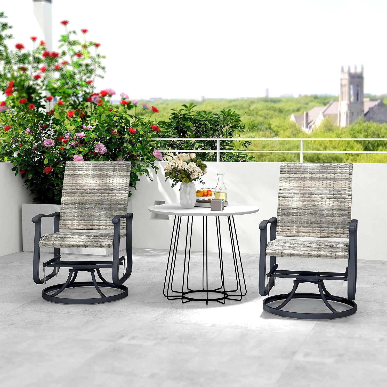 Outsunny Patio Glider Chair Set of 2, Wicker Rattan Outdoor Swivel Chair with Steel Frame, High Back, Armrests, Porch Glider with Adjustable Foot Pads for Garden, Lawn, Backyard, Yellow