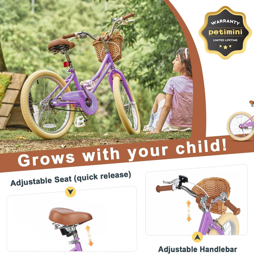 Petimini Vintage Kids Bike for Girls, 12–20 Inch Classic Bicycle with Wicker Basket & Bell, High Tensile Steel Frame, Training Wheels (12–18'), 85% Pre-Assembled, Retro Bike for Outdoor Riding