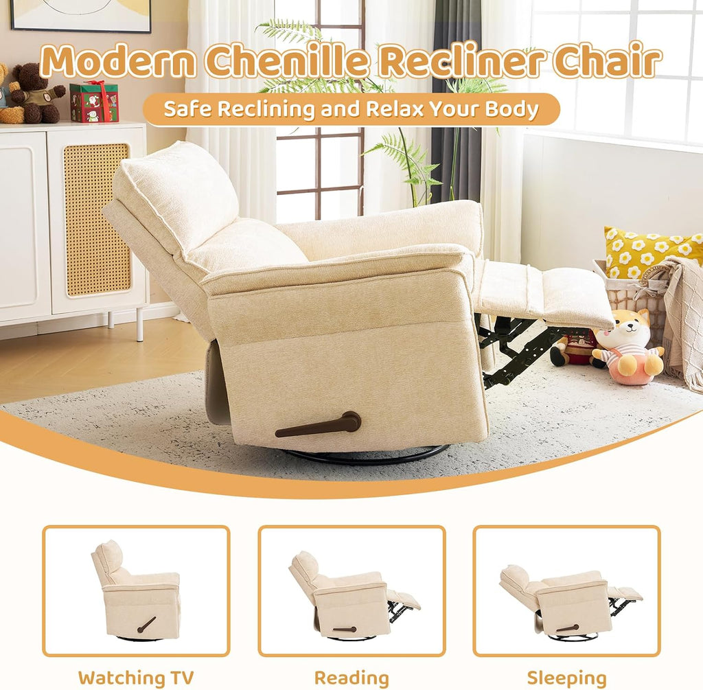Oversized Swivel Rocker Recliner with Adjustable Headrest, Rocking Chair Nursery with Overstuffed Armrest, Manual Rocker Recliner Nursery Chair for Living Room,Beige