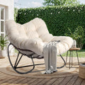 VINGLI Papasan Rocking Chair, Iron Frame Wicker Patio Chair with Thick Cushion, Indoor Outdoor Rocker for Bedroom, Porch, Garden, Beige