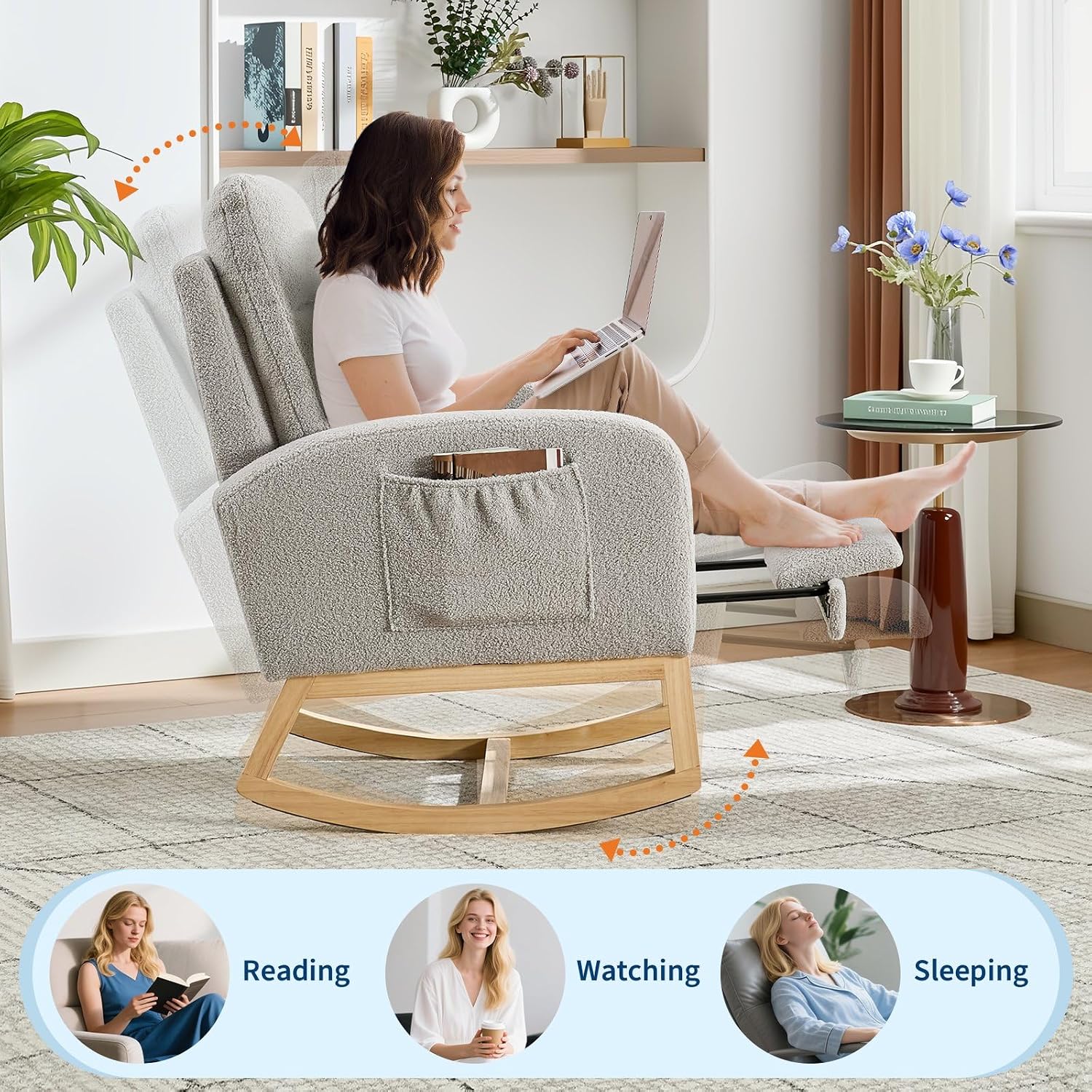 Teddy Fabric Nursery Rocking Chair with Adjustable Footrest, Two Side Pockets & Solid Wooden Legs - High Backrest Comfortable Lounge Armchair for Nursery, Living Room, Bedroom,Gray.
