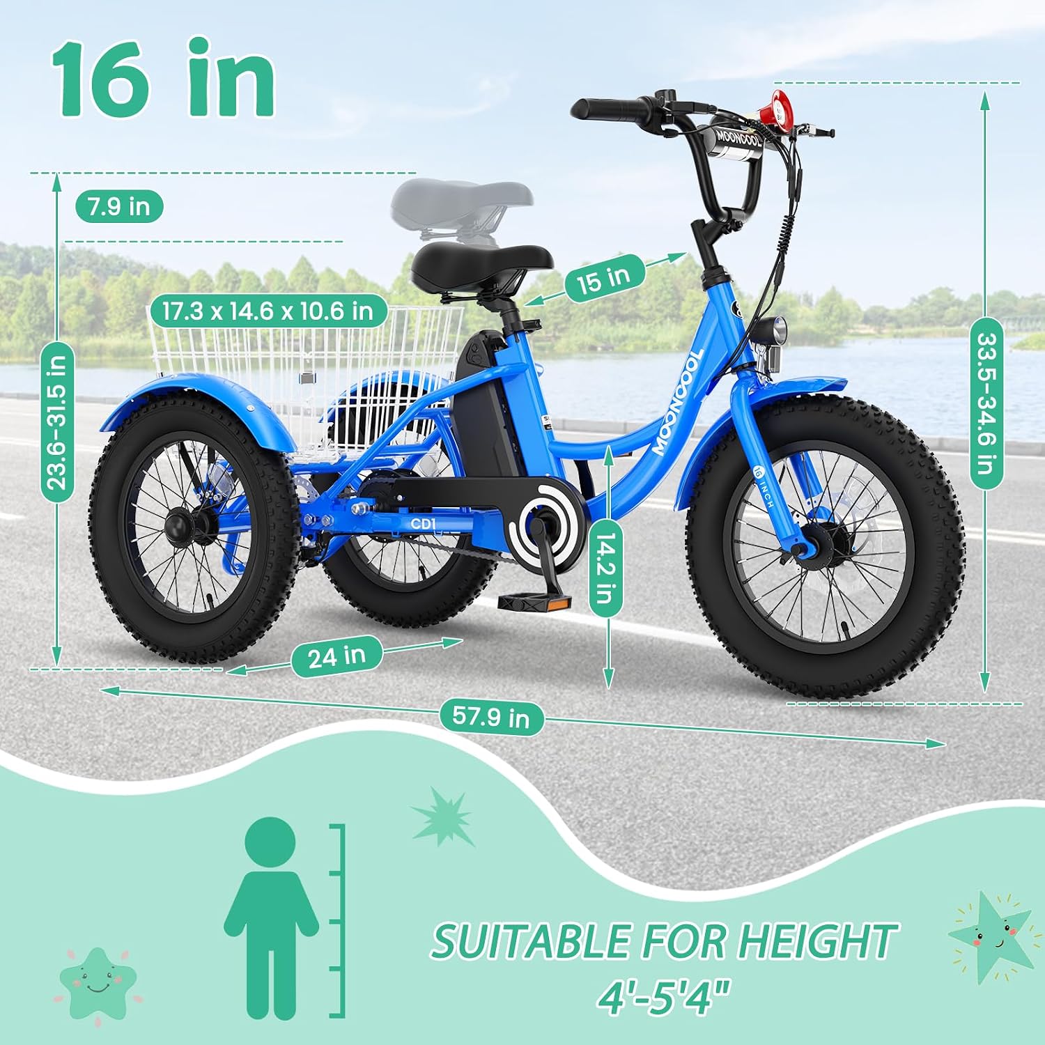 LILYPELLE Electric Tricycle for Youth, 250W Aluminum Frame Electric Tricycle Etrike, 16IN 3 Wheels Electric Bicycle Bikes, 3.0 Fat Tire Electric Trike with Removable Battery and Rear Basket