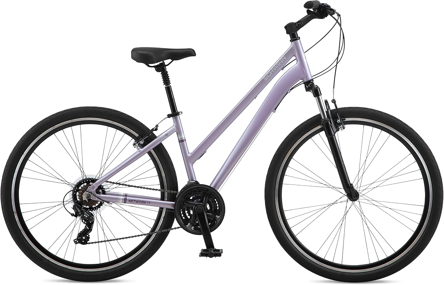 Schwinn Network 3.5 Hybrid Bike, Mens and Womens Bike, 21-Speed Hybrid Bicycle, Aluminum Frame, Suspension Seat, Alloy Linear Pull Brakes, Adult Bicycle
