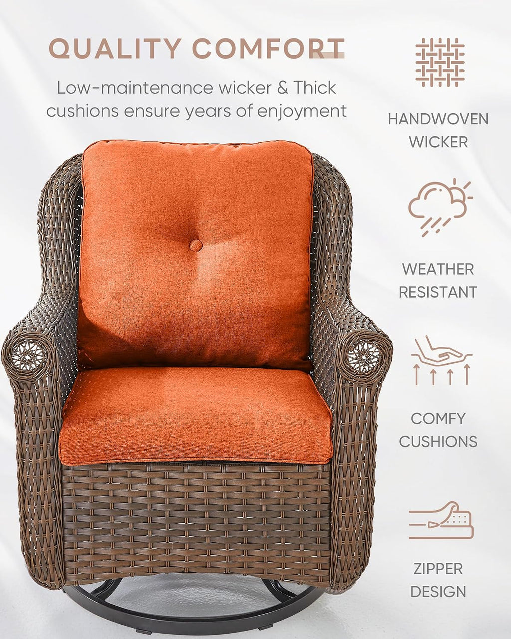 Patio Chairs Outdoor Swivel Glider - Set of 2 High Back Outside Brown Wicker Rattan Rocking Chair with Zippered Cushion for Porch Apartment Deck Yard Poolside Garden - Orange