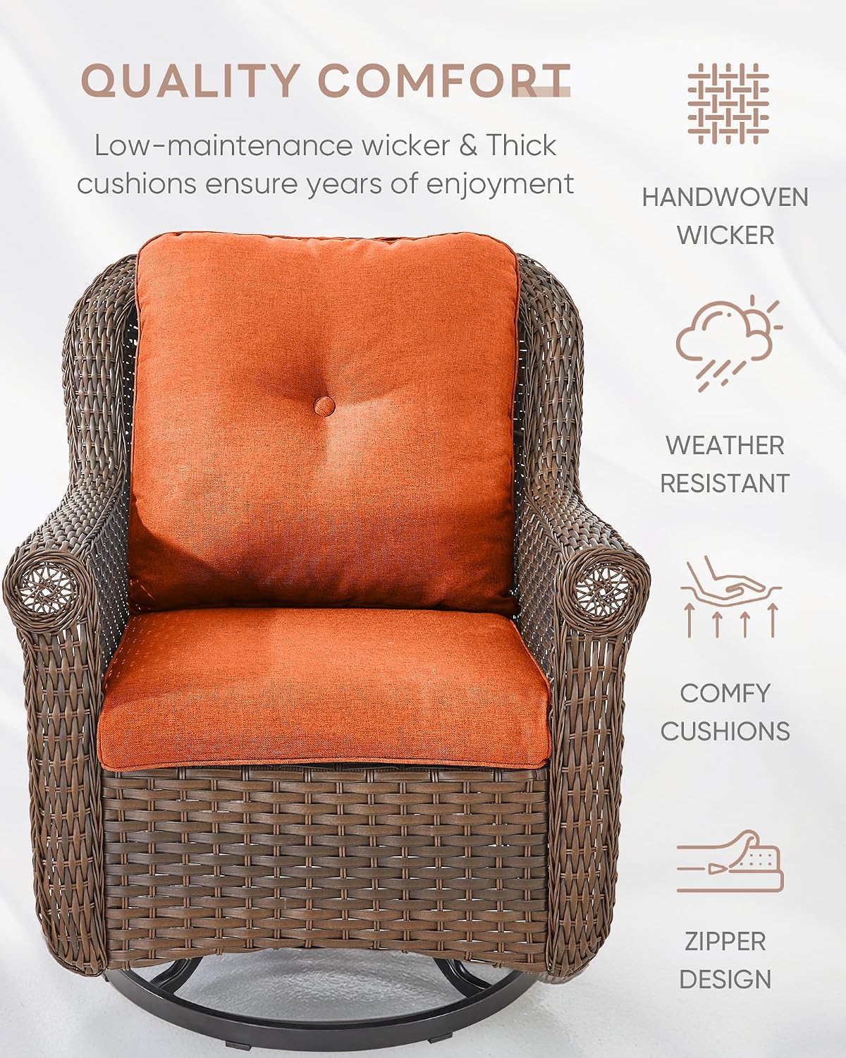 Patio Chairs Outdoor Swivel Glider - Set of 2 High Back Outside Brown Wicker Rattan Rocking Chair with Zippered Cushion for Porch Apartment Deck Yard Poolside Garden - Orange