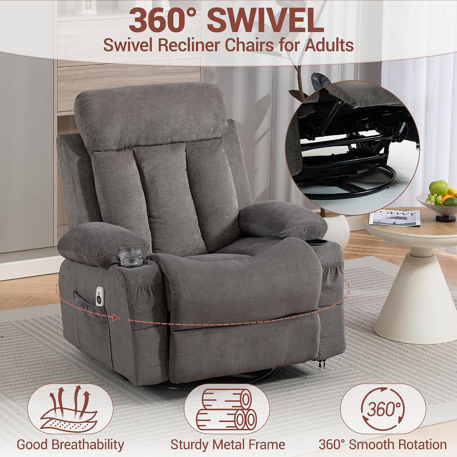 Swivel Recliner Chair for Adults w/Vibration Massage and Heating, 360° Rocker Glider Recliner w/Cup Holder and USB Charge Port for Living Room, Bedroom, Grey