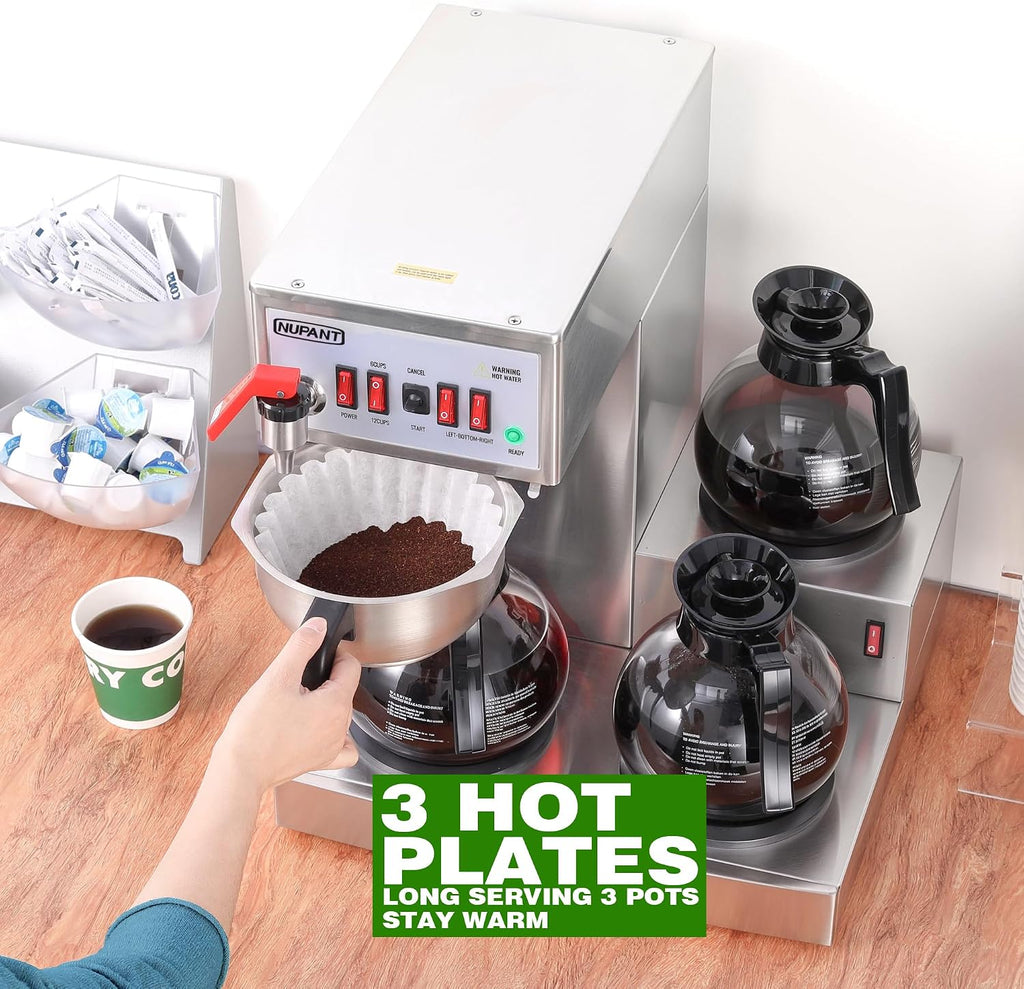 NUPANT 12 Cup Commercial Coffee Maker, Auto Filling Drip Coffee Maker Machine with 3 Glass Carafes 3 Warmers, Stainless Steel Pour Over Coffee Brewer with Hot Water Supply for Restaurant Office Cafe