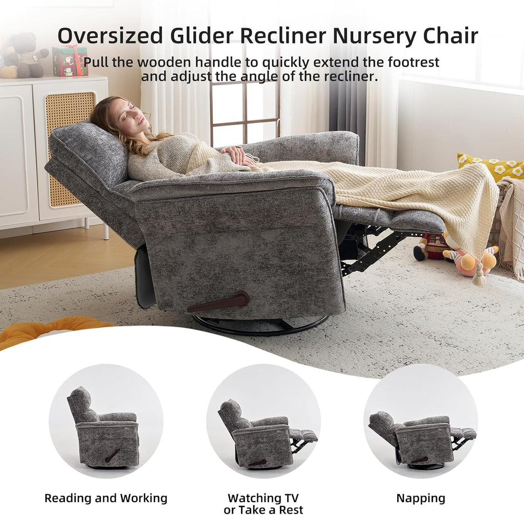 Oversized Glider Rocker Recliner, 26' Extra Wide 360° Swivel Nursery Recliner with Adjustable Headrest, Chenille Rocking Nursery Chair with Overstuffed Armrest, Lumbar Support, Dark Grey