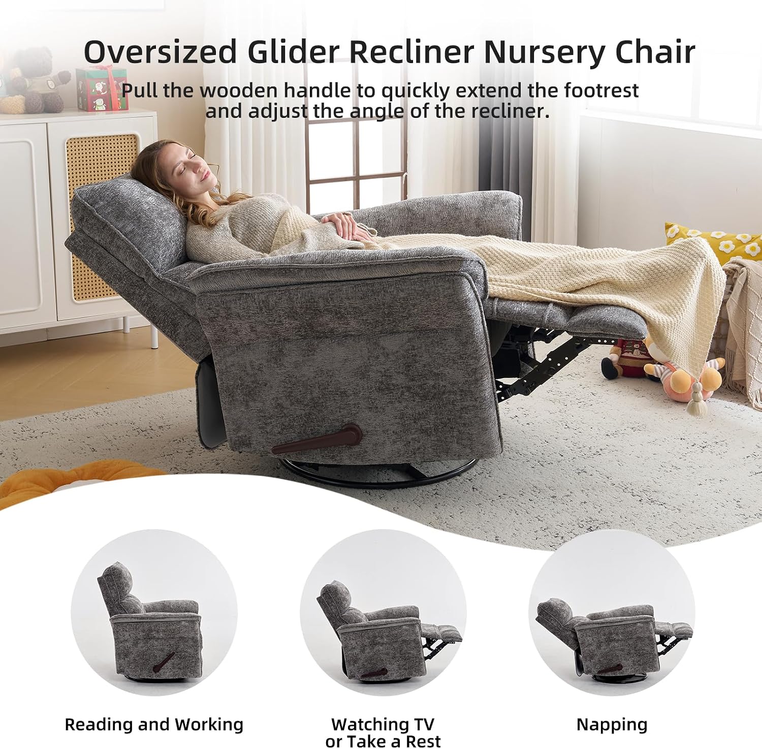 Oversized Glider Rocker Recliner, 26' Extra Wide 360° Swivel Nursery Recliner with Adjustable Headrest, Chenille Rocking Nursery Chair with Overstuffed Armrest, Lumbar Support, Dark Grey