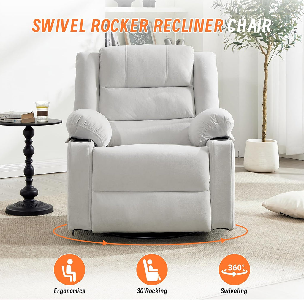 360°Swivel Rocker Recliner Chair for Adults,Manual Glider Recliner Sofa with Massage and Heating, Nursery Rocking Chairs with Cup Holds for Living Room Bedroom (Beige)